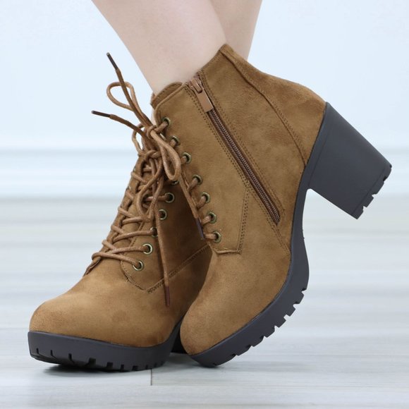 Tan Ankle Boots Chunky Block Lug High Heel Booties Lace-Up - Picture 7 of 12
